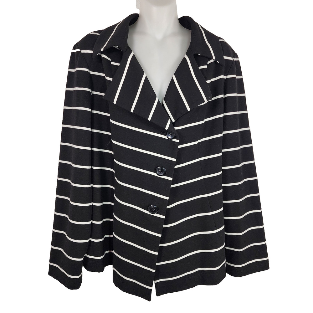 Chico's Womens Jacket Size 3 US XL Black White Knit Striped Asymmetric Office
